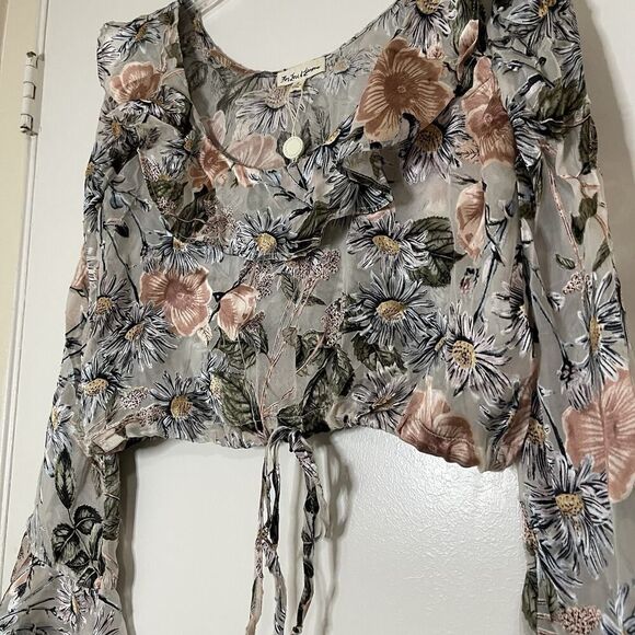 For Love & Lemons Luciana Ruffle cropped floral blue gray Blouse Small - Picture 2 of 9